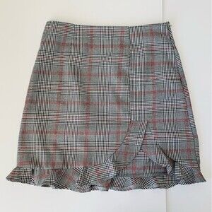 Nasty Gal Mini Skirt Womens Size 4 Plaid Gray Red Y2K 90s Ruffle Hem Academia